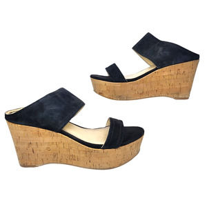 Marc Fisher Shoes Womens 5.5 Black Suede Leather Chunky Wedge Heels Sandals